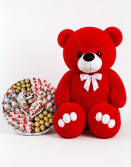 Ведмедик Ветлі 140 см червоний + Шоколадний бокс для неї Kinder Блаженство