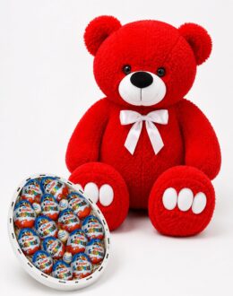 Мишка Ветли 140 см Красный + Подарочный набор Kinder Сюрпризов XL